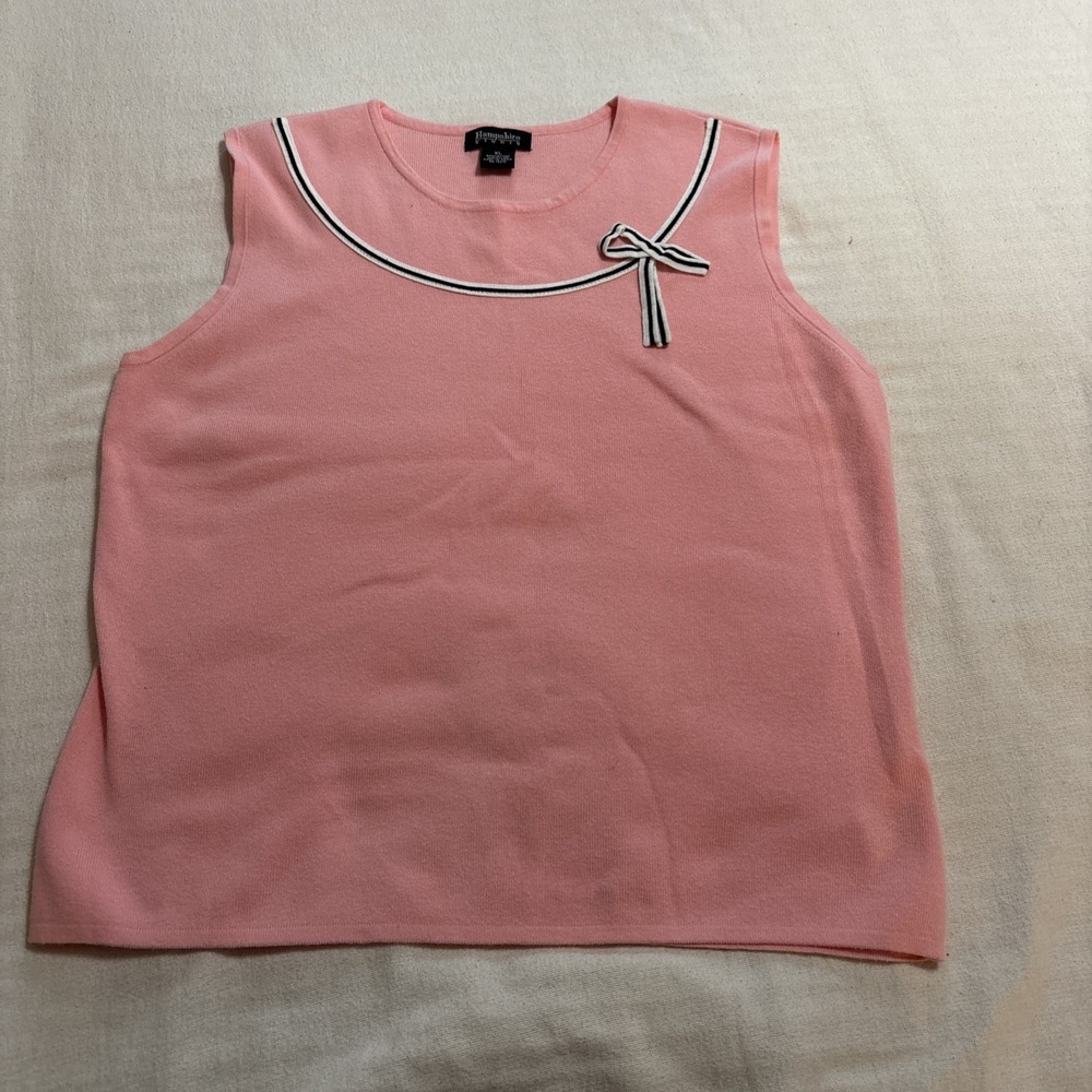 Vintage Hampshire Pink Sleeveless Knit Sweater Black White Bow Accent Women's XL